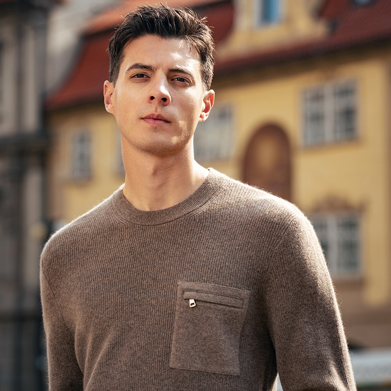 MrBu布先生罗纹圆领原色羊绒衫男2025秋冬款立体贴袋上衣BT16918 - 图1