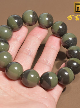 震撼方言和田玉新疆玉龙河细润双色沙枣青籽料卡16mm圆珠手串A1