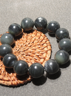 火爆方言和田玉巨漏珍品炭锅灰白玉底墨玉籽料卡16mm圆珠手串R9