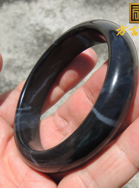 方言珍稀黑色名品罕见一线天无结构墨玉籽料内径61全品豪华手镯F