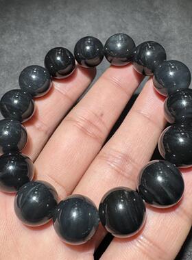 高品质方言和田玉老熟新疆玉龙河聚墨一线天黑白分明14mm手串S