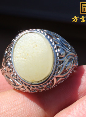 洒金皮无结构白玉银镶钳戒指扳指