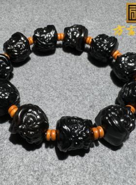 重磅级巨放漏方言品牌和田玉特色温润细腻墨玉醒狮手串手链S6