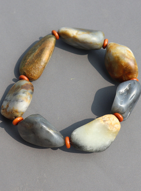 惊呆方言精品和田玉新疆玉龙河老熟黄沁皮青花籽料意境原石手串A8