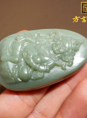 捡漏方言和田玉收藏级新疆珍稀豆青沙枣青籽料绢丝状黄米神吊坠X5