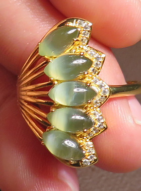 上新品方言和田玉罕见俄罗斯老坑料鸭蛋青925银带猫眼戒指X7