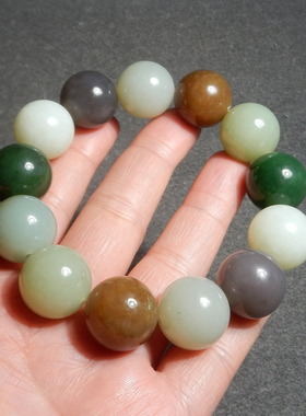 重磅方言和田玉精品收藏糖玉白玉烟紫俄碧玉18mm大圆珠多宝手串X3