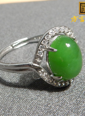 精品级特惠158方言和田玉精品俄罗斯老坑料阳绿碧玉银镶玉戒指R5