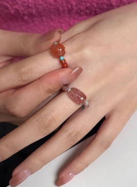 s925纯银天然水晶碧玺戒指女简约独特设计甜美手工弹力绳款指环