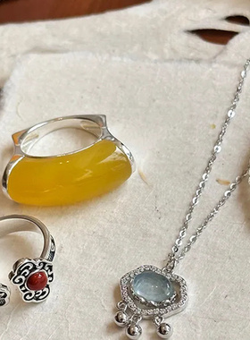 通体925纯银海蓝宝平安锁锁骨链项链