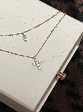 通体925纯银mini十字架双层项链女镶钻冷淡风ins锁骨链