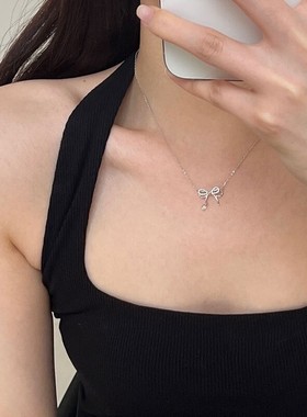 925纯银双层蝴蝶结镶钻项链简约轻奢气质锁骨链女款百搭