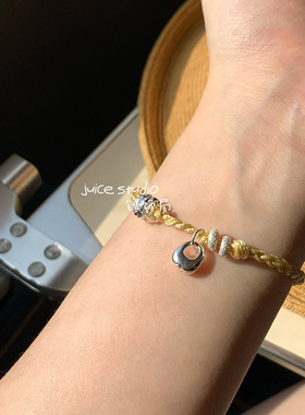 s925纯银坨子平安喜乐福字手工淡黄色编绳纯银手链手绳