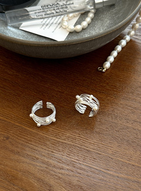 s925纯银多层缠绕珍珠开口戒指