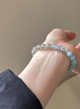 净化心灵舒缓情绪*海蓝宝灰月光双拼水晶珍珠手串