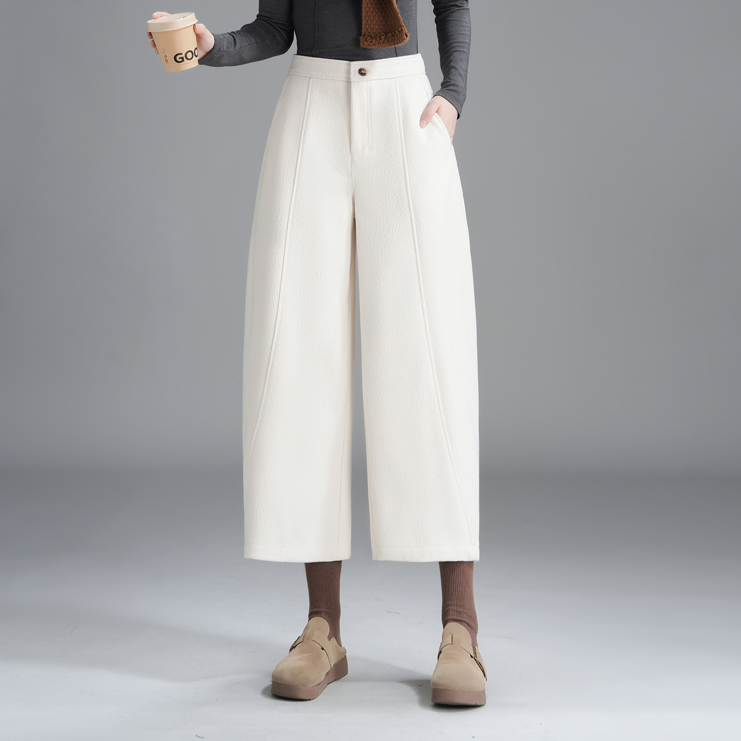 高级感香蕉裤女小个子2025新款秋冬毛呢休闲弯刀裤宽松显瘦阔腿裤 - 图1