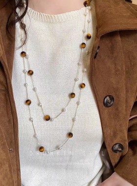 美拉德虎眼石珍珠多层毛衣链女