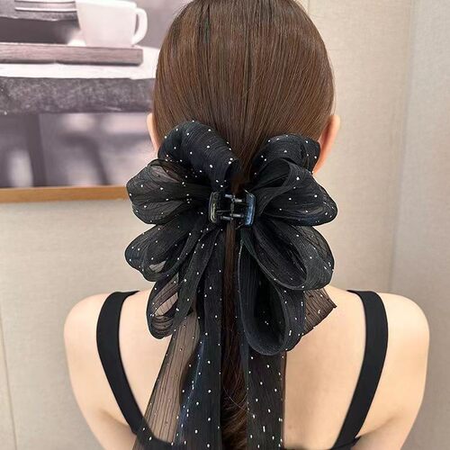 飘带网纱蝴蝶结抓夹女超仙气质后脑勺半扎发头饰发夹新款鲨鱼夹潮 - 图0