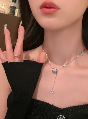 银色钛钢项链饰品女小蛮腰锆石项链女百搭小众毛衣链流苏吊坠颈链