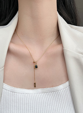 钛钢不掉色项链女抽拉式流苏绿色锆石气质精致小众轻奢设计锁骨链