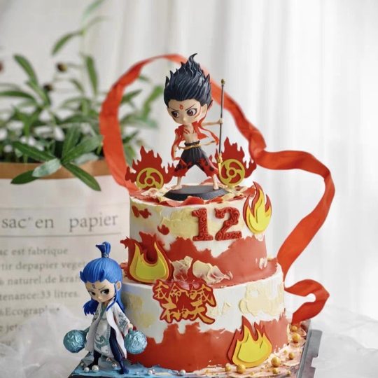 网红哪吒敖丙蛋糕装饰摆件风火轮红色混天绫儿童男孩生日装扮插件