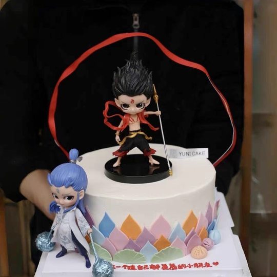 网红哪吒敖丙蛋糕装饰摆件风火轮红色混天绫儿童男孩生日装扮插件