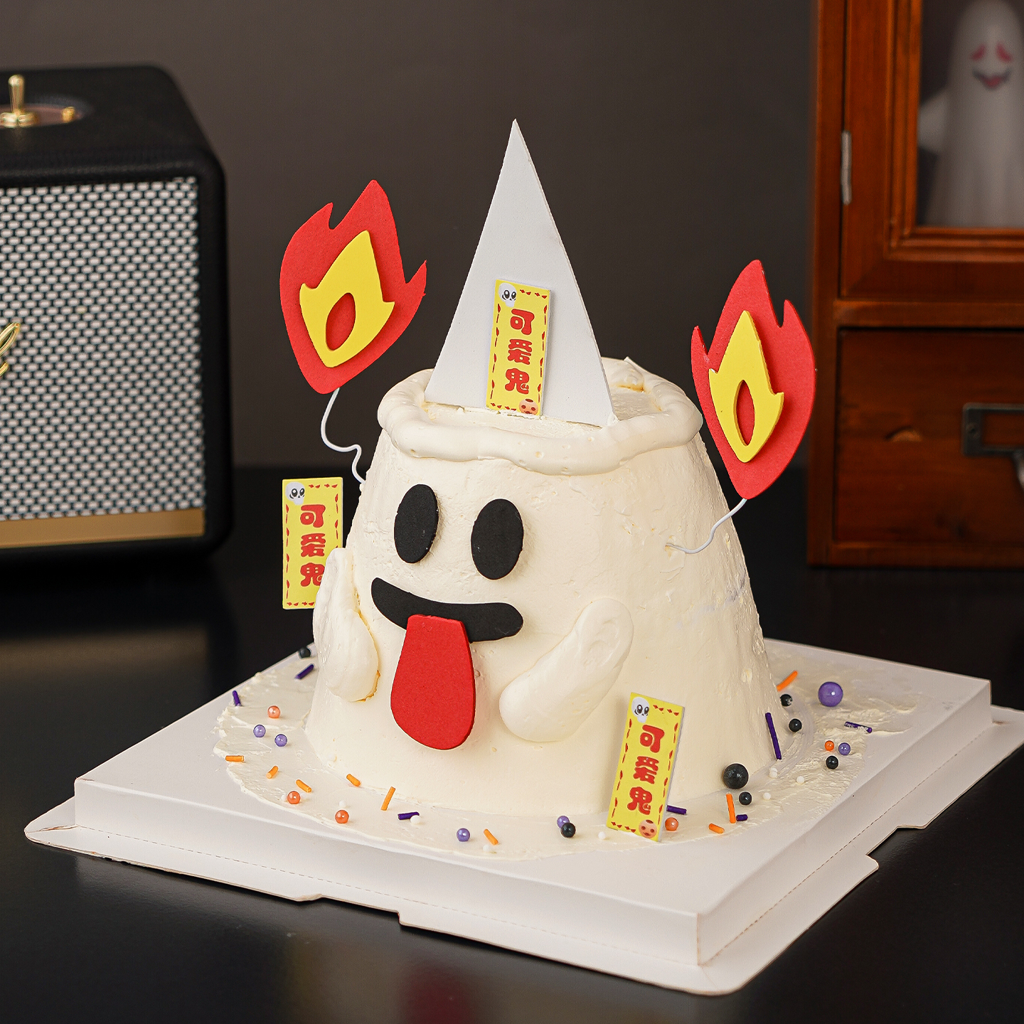 2025网红万圣节创意搞怪蛋糕装饰可爱鬼吐舌头火焰烘焙摆件插件 - 图0