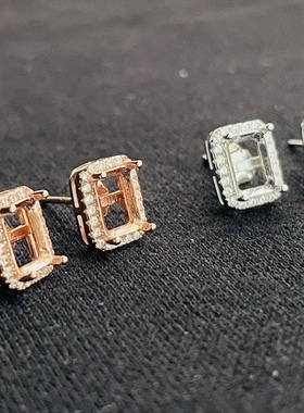 空托宝石刻面银耳钉925银镀白金