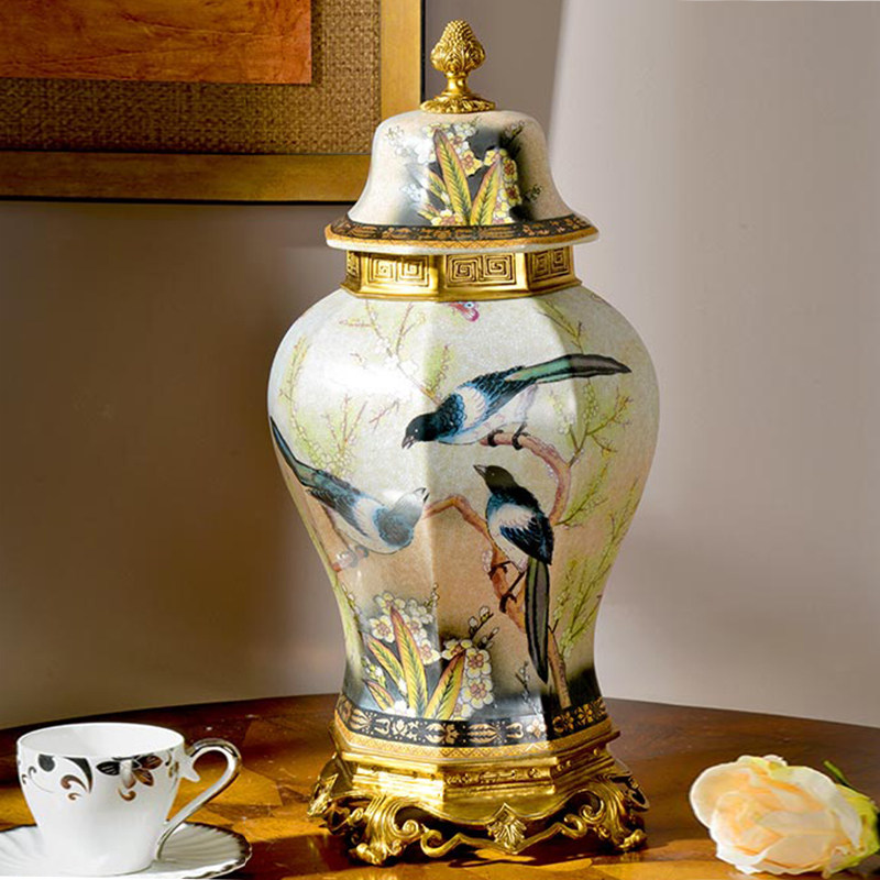 美式别墅客厅入户玄关摆件新中式青花陶瓷配铜将军罐欧式大肚盖坛,淘宝优惠券,粉丝福利购,淘宝优惠卷