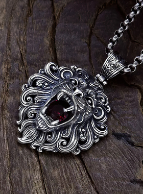 霸气狮子头吊坠纯银卷草纹复古