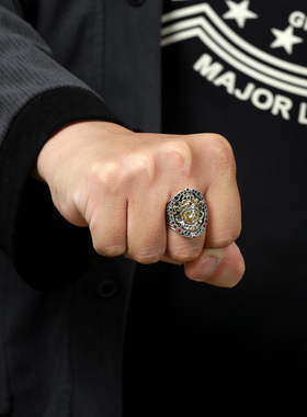 黄财神戒指纯银彩石麦穗卷草纹