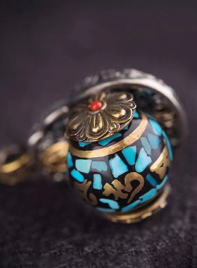 转动药师佛六字真言松石纯银吊坠