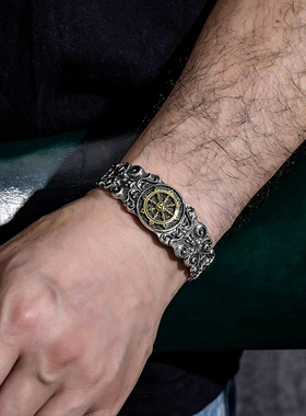 霸气复古唐草船舵开口纯银手镯男