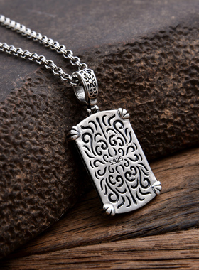 重工狮子吊坠纯银霸气唐草纹银牌