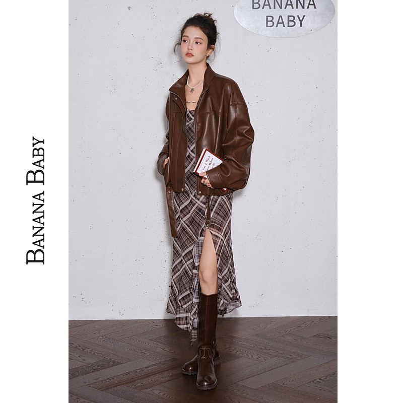 BANANA BABY2025年秋季新款复古格纹吊带连衣裙女荷叶边开叉长裙