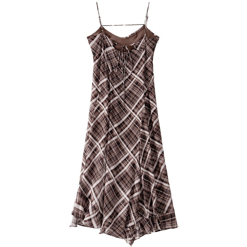 BANANA BABY2025年秋季新款复古格纹吊带连衣裙女荷叶边开叉长裙