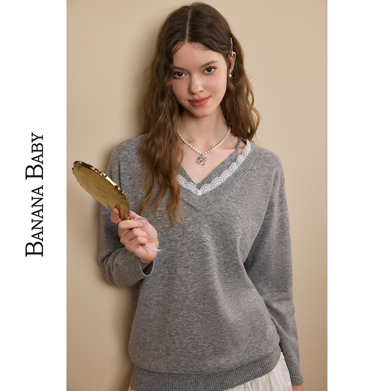 BANANA BABY2025年冬季新款温柔假两件针织衫女蕾丝拼接软糯毛衣,淘宝优惠券,粉丝福利购,淘宝优惠卷