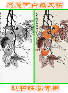 柿子瓜果写意画白描国画花鸟底稿