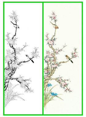 四条屏春暖花开工笔画底稿白描