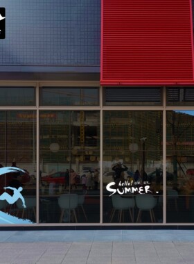 简约蓝色大海冲浪夏天季玻璃橱窗贴纸花运动男女服装手机店铺布置