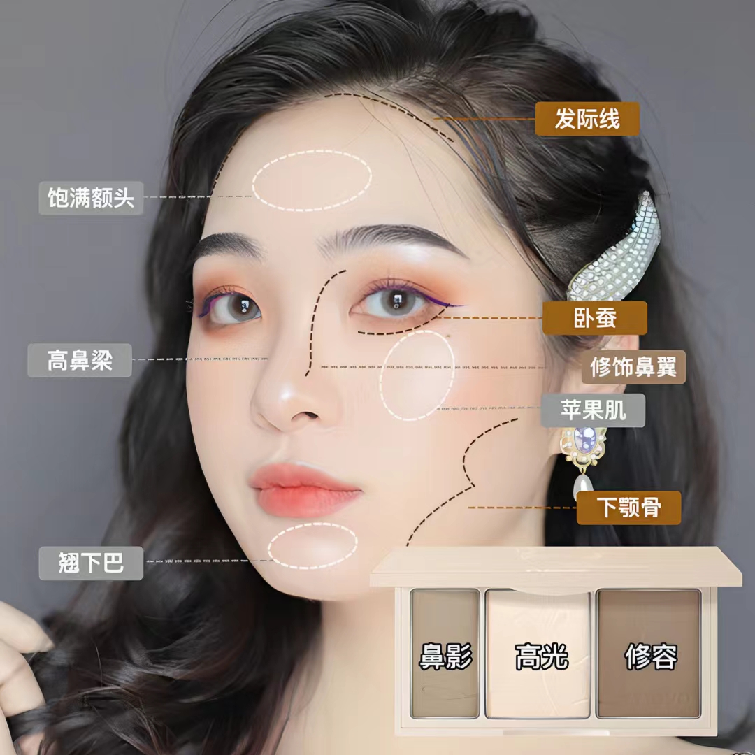 NOVO三色生姜高光修容盘细闪脸部提亮闪粉哑光侧阴鼻影初学一体盘 - 图1