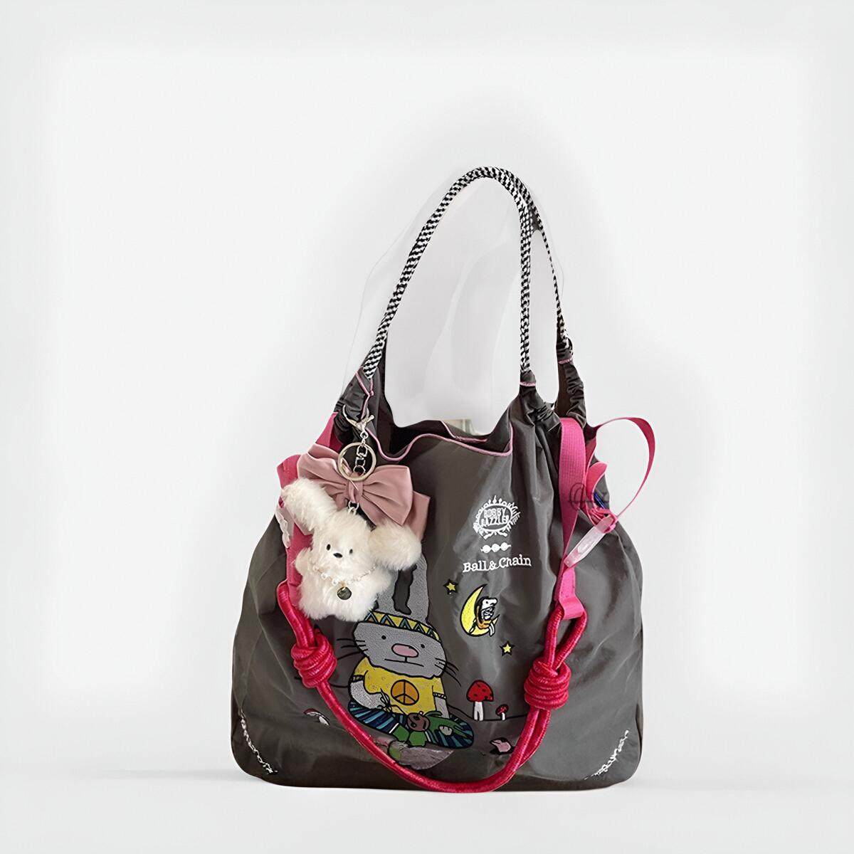 日本代购ball chain发带兔刺绣购物袋百搭环保袋女旅游斜跨单肩包,淘宝优惠券,粉丝福利购,淘宝优惠卷