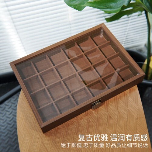 黑胡桃纹木质高端时尚24格珠宝首饰收纳展示箱戒指手链手串饰品盒 - 图0