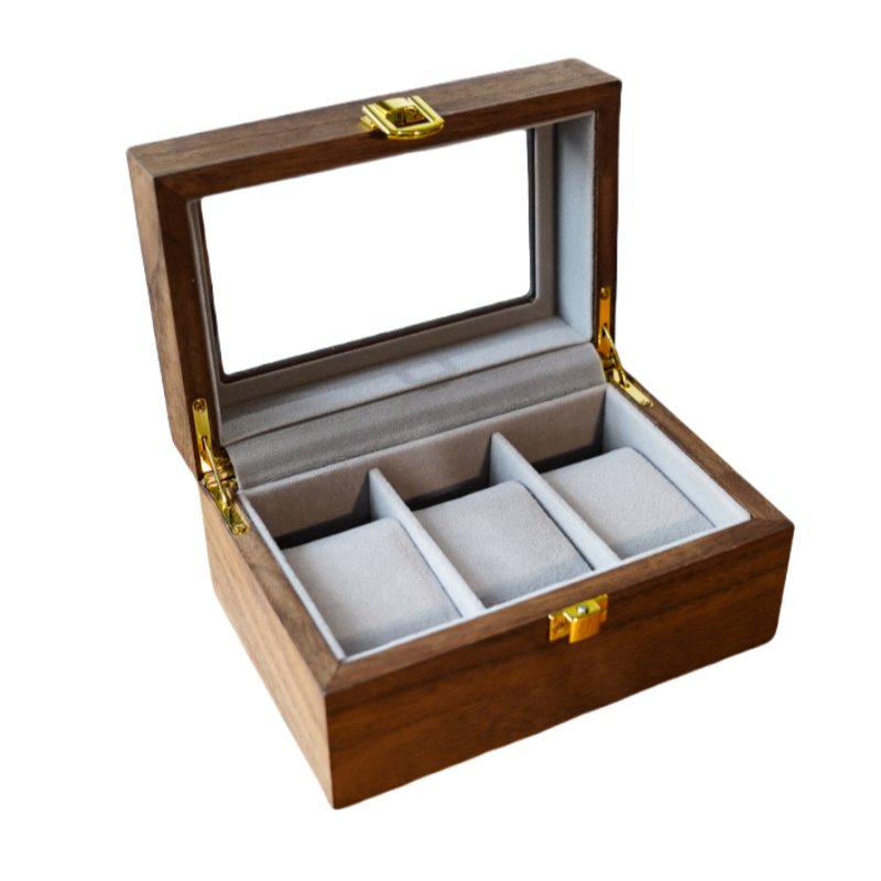 手表收纳盒 3位黑胡桃木纹灰色绒布腕表收藏展示盒防氧化带盖防尘 - 图3