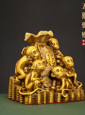 黄铜五猴聚献宝摆件中式客厅招财