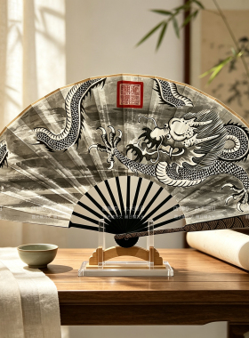 手绘九天应元雷神扇子云龙道家法扇朱砂宣纸折扇中式国风高级定制