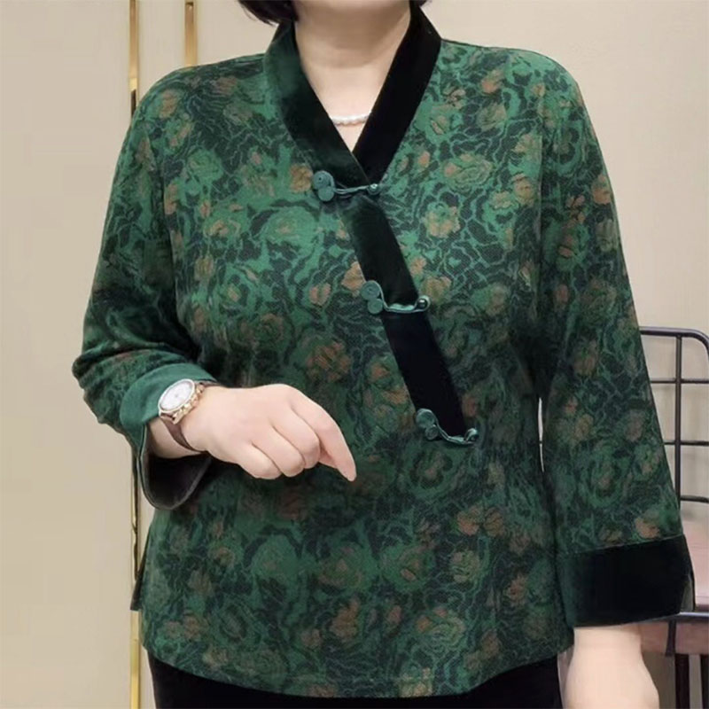 秋冬新款长袖旗袍衫中老年妈妈高档偏襟盘扣汉服设计金貂绒打底衫-图2