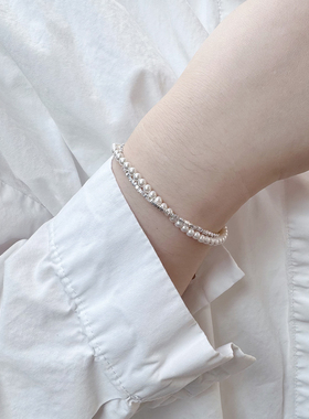 猫蛰施家珍珠碎银子双层缠绕手链