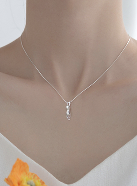 猫蛰S925纯银磨砂趴趴猫项链