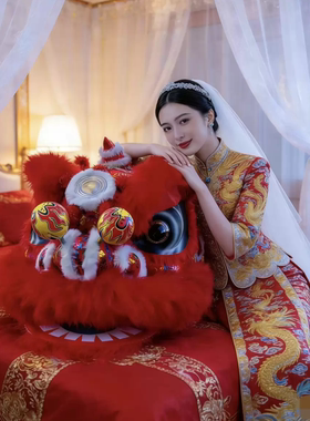 粉色醒狮结婚装饰布置拍照舞狮头